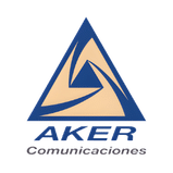 Logotipo de la empresa Aker Comunicaciones, expertos en seguridad. Triangulo azul con tringulos amarillos